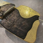 Artistic Coffee Table Set with Textured Gold Inlay and Statement Black Marble Finish